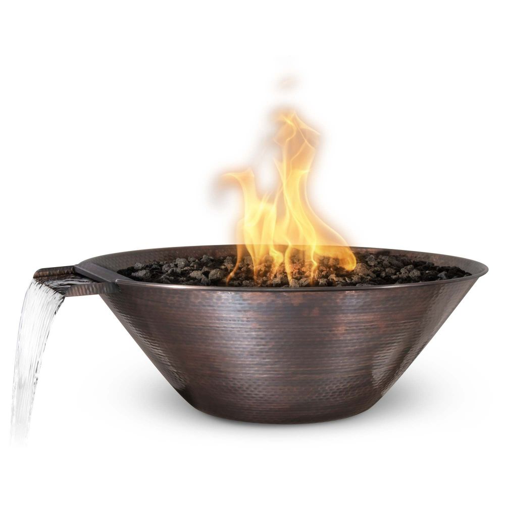 The Outdoors Plus OPT-31RCFWE12V-LP 31" Remi Hammered Copper Fire & Water Bowl - 12V Electronic Ignition - Liquid Propane